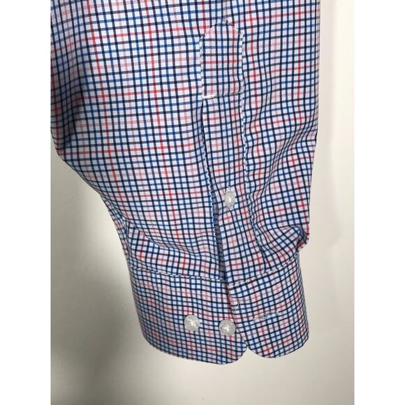 Lands End Checked Shirt Red Blue Men's XL Polyester Button Up Long Sleeve - Picture 5 of 8